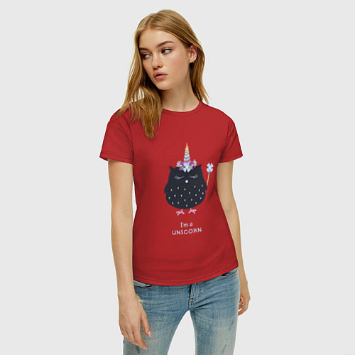 Женская футболка Забавная сова единорог Надпись: Я единорог / Красный – фото 3