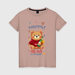 Футболка хлопковая женская СЧАСТЛИВЫЙ МИШКА HAPPY BEAR CUTE 100%, цвет: пыльно-розовый