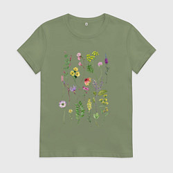 Футболка хлопковая женская Полевые растения цветы ботаника, цвет: авокадо