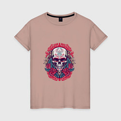 Футболка хлопковая женская Roses Skull, цвет: пыльно-розовый