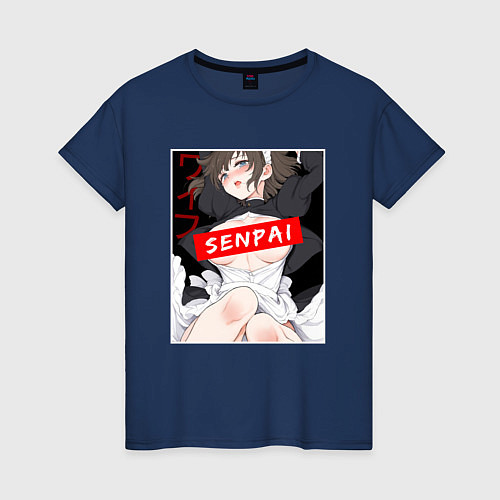 Женская футболка Девушка и надпись Senpai Ahegao / Тёмно-синий – фото 1