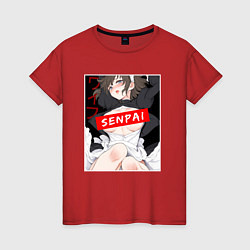 Футболка хлопковая женская Девушка и надпись Senpai Ahegao, цвет: красный