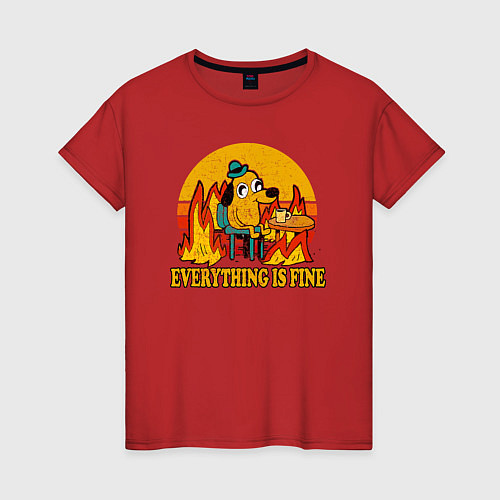 Женская футболка Все хорошо собака в огне пьет кофе / Красный – фото 1