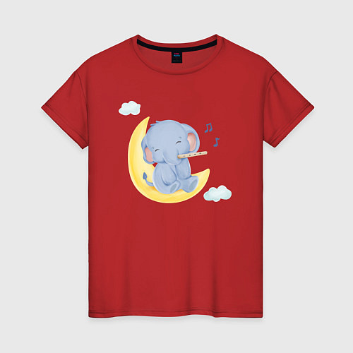 Женская футболка Милый Слонёнок Сидит На Месяце Играя На Флейте / Красный – фото 1