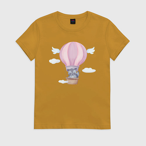 Женская футболка Милый Енотик На Воздушном Шаре / Горчичный – фото 1