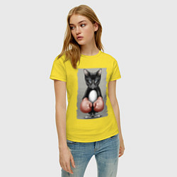 Футболка хлопковая женская Крутой котяра в боксёрских перчатках Cool cat in b, цвет: желтый — фото 2