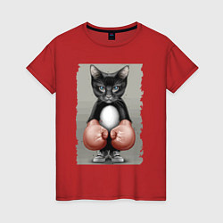 Футболка хлопковая женская Крутой котяра в боксёрских перчатках Cool cat in b, цвет: красный