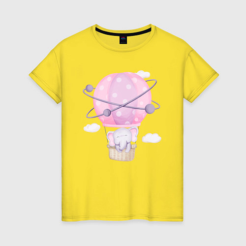Женская футболка Милый Слонёнок На Воздушном Шаре Среди Облаков / Желтый – фото 1
