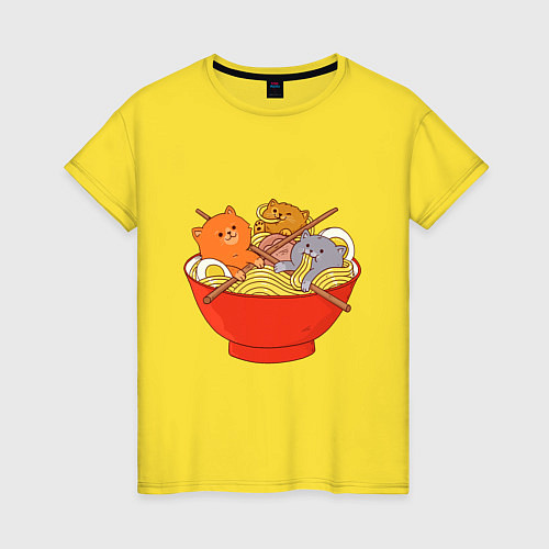 Женская футболка THREE CATS EATING NOODLES / Желтый – фото 1