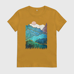 Футболка хлопковая женская Большие горы и маленький медведь, цвет: горчичный