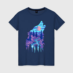 Женская футболка Красочный пейзаж на волчьей голове