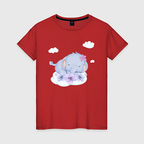 Женская футболка Милый Слонёнок Спит На Облачке С Цветами / Красный – фото 1