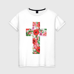 Футболка хлопковая женская Крест из красных цветов, цвет: белый