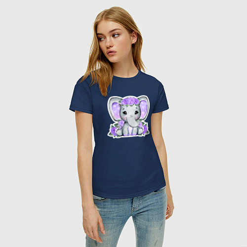 Женская футболка Милая слониха в цветах / Тёмно-синий – фото 3
