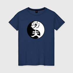 Футболка хлопковая женская Кунг-фу логотип на фоне знака ИНЬ-ЯНЬ, цвет: тёмно-синий