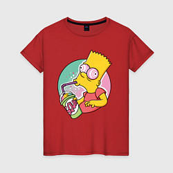 Футболка хлопковая женская Барт Симпсон пьёт лимонад, цвет: красный