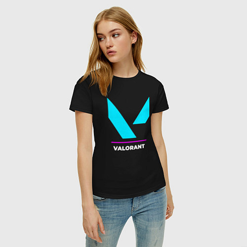 Женская футболка Символ Valorant в неоновых цветах / Черный – фото 3