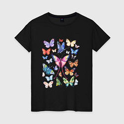 Футболка хлопковая женская Волшебные бабочки акварелью, цвет: черный