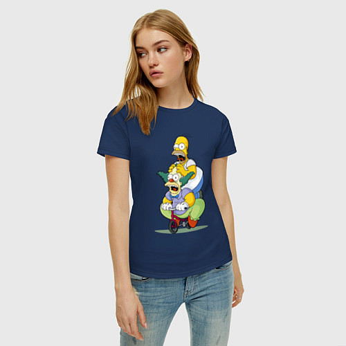 Женская футболка Гомер Симпсон и Клоун Красти едут на детском велос / Тёмно-синий – фото 3