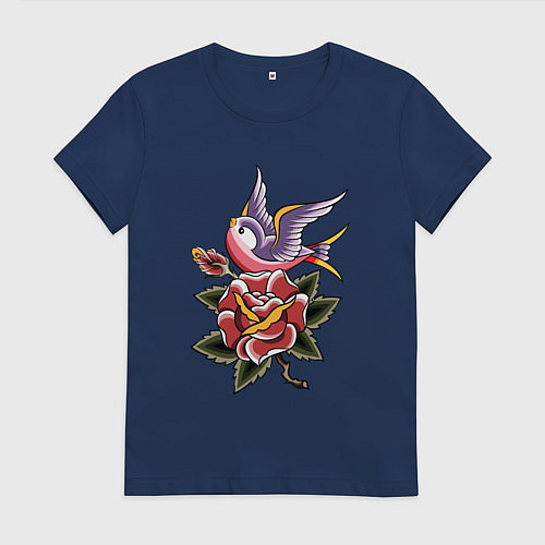 Женская футболка Птица с розой / Тёмно-синий – фото 1