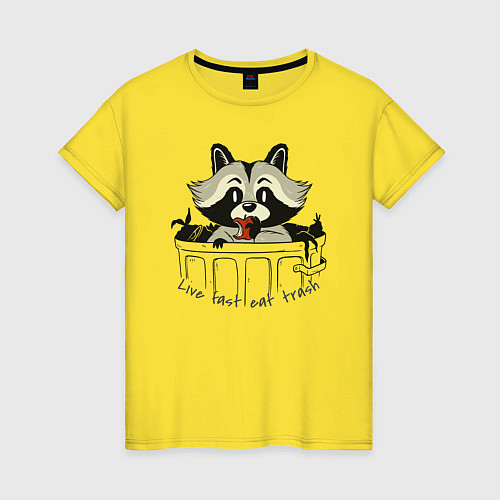 Женская футболка Живи быстро ешь мусор - енот в баке / Желтый – фото 1