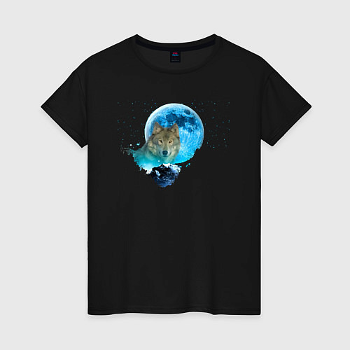 Женская футболка Волк на фоне голубой луны / Черный – фото 1