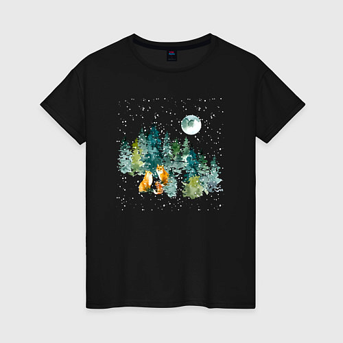 Женская футболка Зимний лес и семья лис / Черный – фото 1
