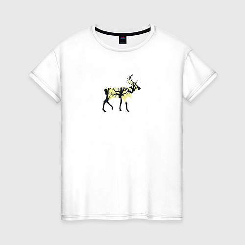 Женская футболка Силуэт оленя с деревьями и полной луной / Белый – фото 1