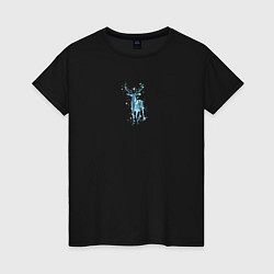 Женская футболка Зимний лес и снежинки в силуэте оленя