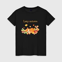 Футболка хлопковая женская Lazy autumn with a fox, цвет: черный