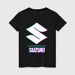 Футболка хлопковая женская Значок Suzuki в стиле glitch, цвет: черный