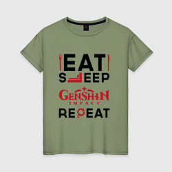 Женская футболка Надпись: eat sleep Genshin Impact repeat