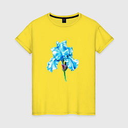 Футболка хлопковая женская Голубые цветы ирисы, цвет: желтый