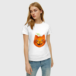 Футболка хлопковая женская Рыжий кот Джек похож на тыкву, Хэллоуин, цвет: белый — фото 2