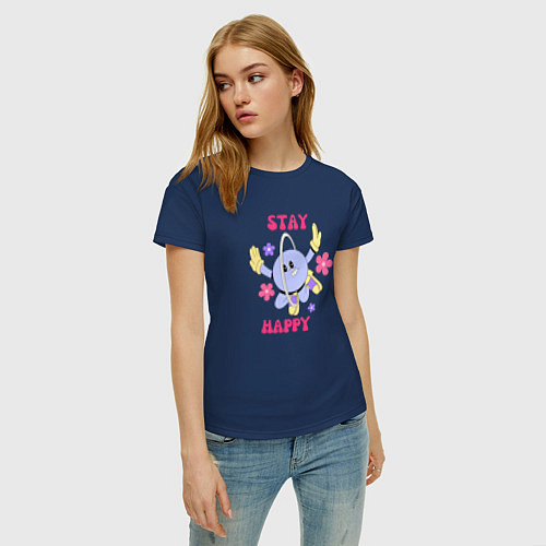 Женская футболка Stay happy, планета с ромашками / Тёмно-синий – фото 3