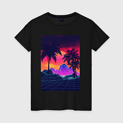 Футболка хлопковая женская Синтвейв пляж и пальмы, цвет: черный