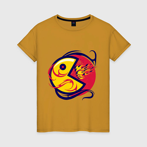 Женская футболка Pacman из ретро игры извергает пламя / Горчичный – фото 1