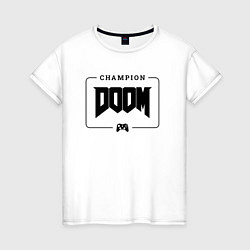 Футболка хлопковая женская Doom gaming champion: рамка с лого и джойстиком, цвет: белый