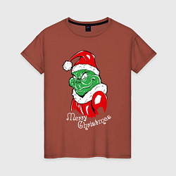 Футболка хлопковая женская Merry Christmas, Santa Claus Grinch, цвет: кирпичный