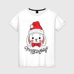 Женская футболка Merry Christmas, cute rabbit in Santa hat