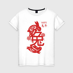 Футболка хлопковая женская Happy chinese new year, red rabbit, цвет: белый