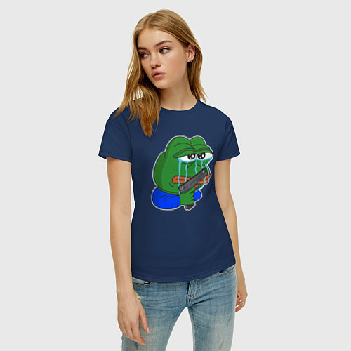 Женская футболка Лягушонок Пепе в слезах с пистолетом / Тёмно-синий – фото 3