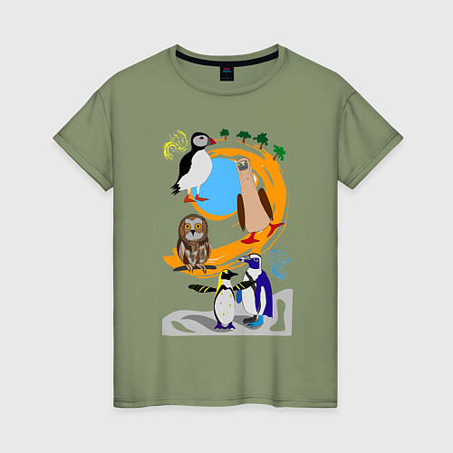 Женская футболка Олуша, сова и пингвины на радужном фоне с деревьям / Авокадо – фото 1