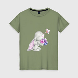 Футболка хлопковая женская Кролик дарит цветы тебе, цвет: авокадо