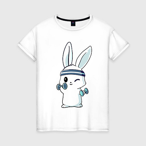 Женская футболка Прикольный зайчишка пауэрлифтер / Белый – фото 1