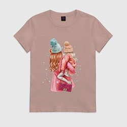 Футболка хлопковая женская Мама с дочкой, цвет: пыльно-розовый
