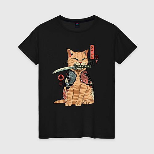 Женская футболка Кот самурай с вакидзаси / Черный – фото 1