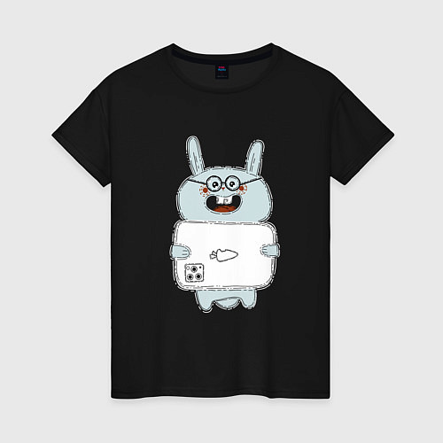 Женская футболка Кролик с модным телефоном / Черный – фото 1