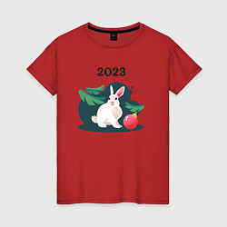 Футболка хлопковая женская Новогодний кролик 2023, цвет: красный