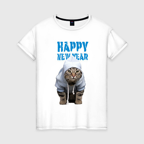 Женская футболка Happy New Year - Прикольный котик / Белый – фото 1
